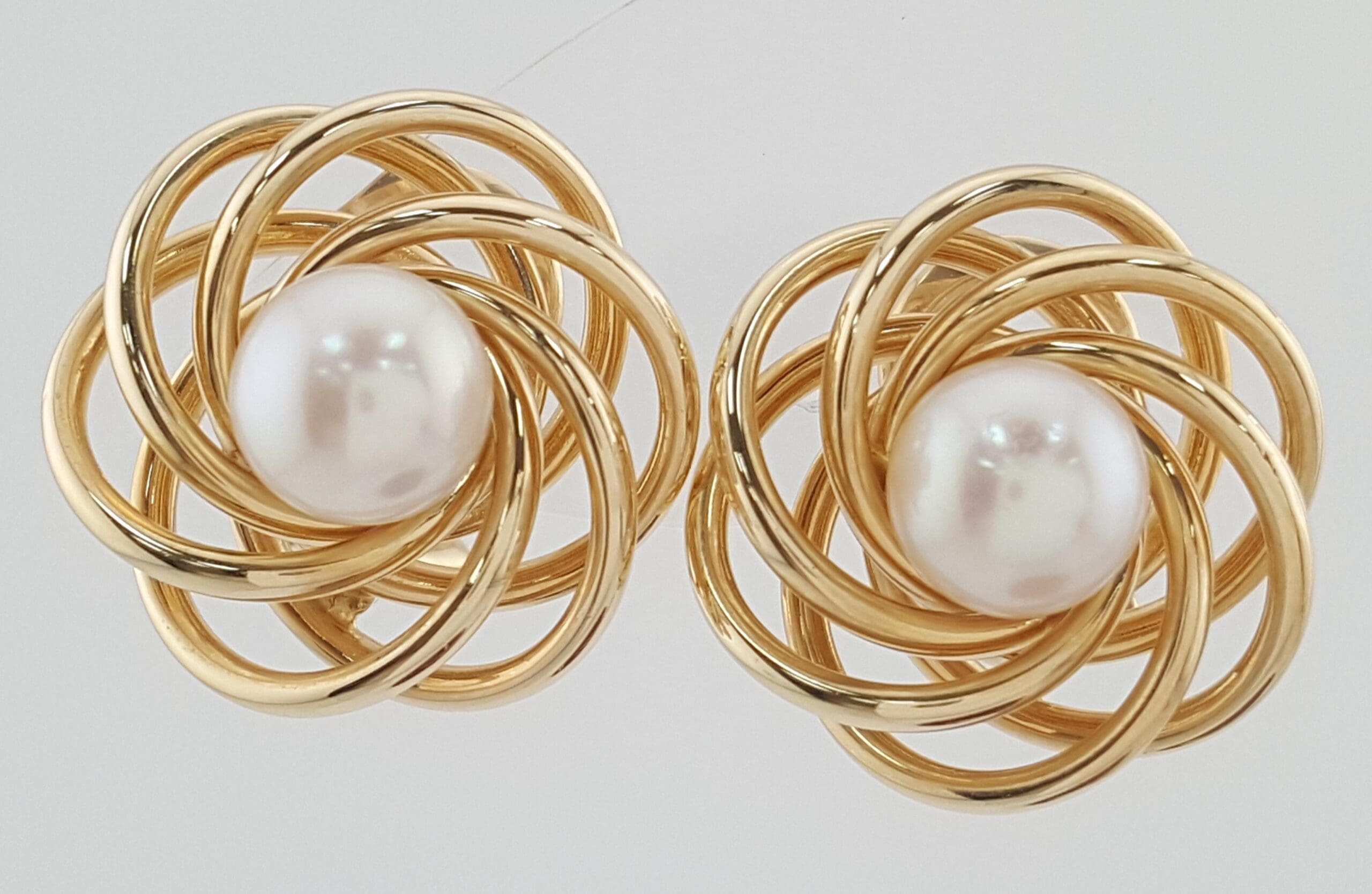 Akoya Pearl 14k Yellow Gold Spiral Omega Back Earrings 7.2 Grams 19.5 mm