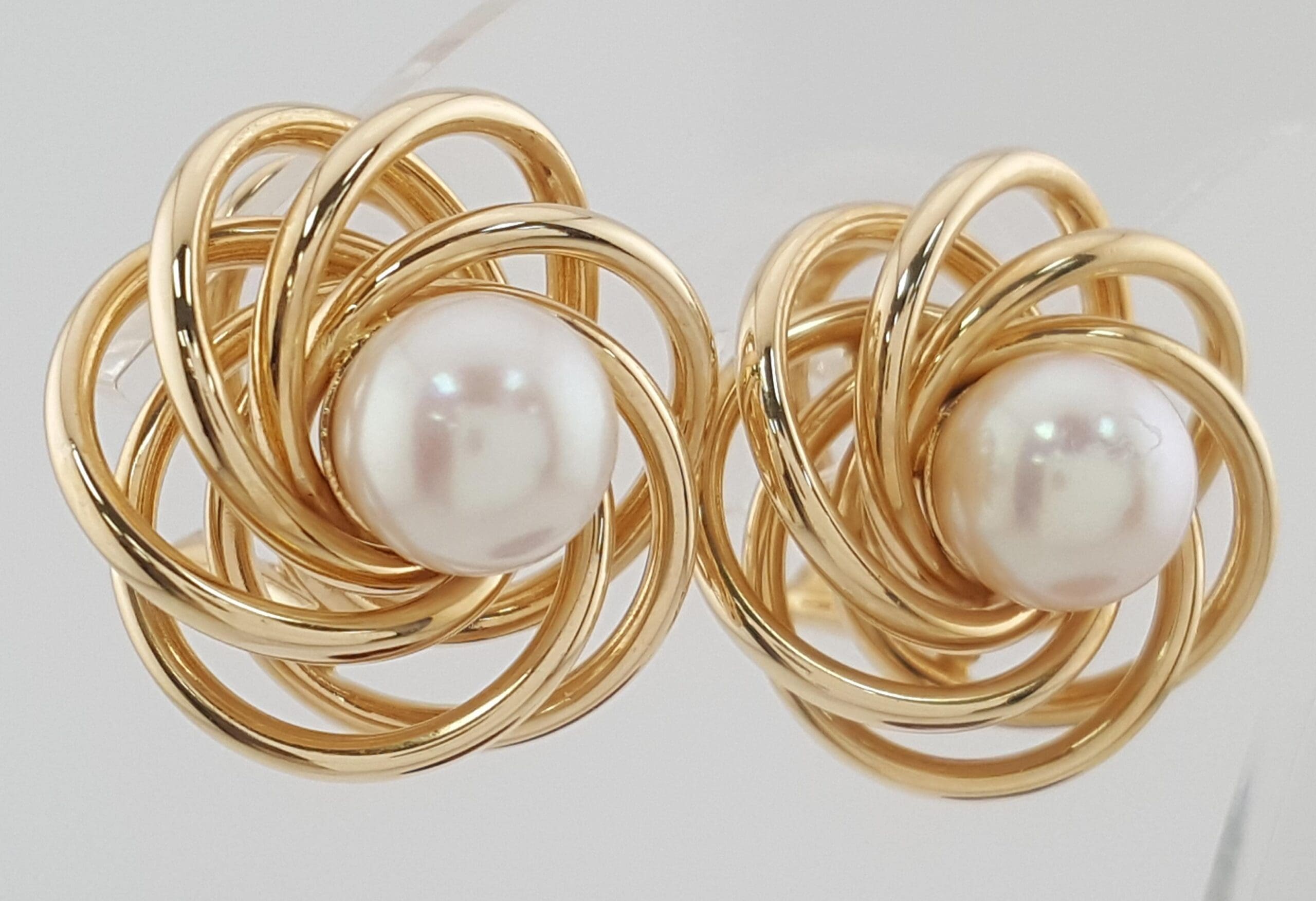 Akoya Pearl 14k Yellow Gold Spiral Omega Back Earrings 7.2 Grams 19.5 mm