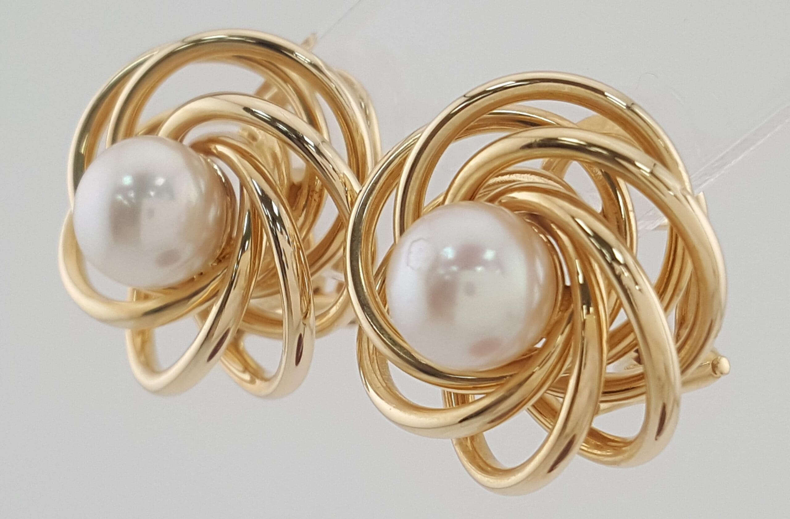 Akoya Pearl 14k Yellow Gold Spiral Omega Back Earrings 7.2 Grams 19.5 mm
