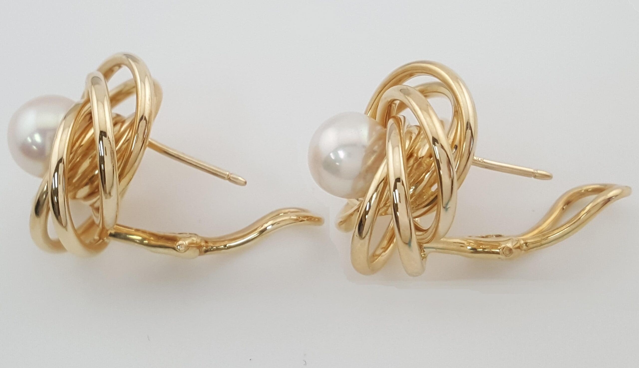 Akoya Pearl 14k Yellow Gold Spiral Omega Back Earrings 7.2 Grams 19.5 mm