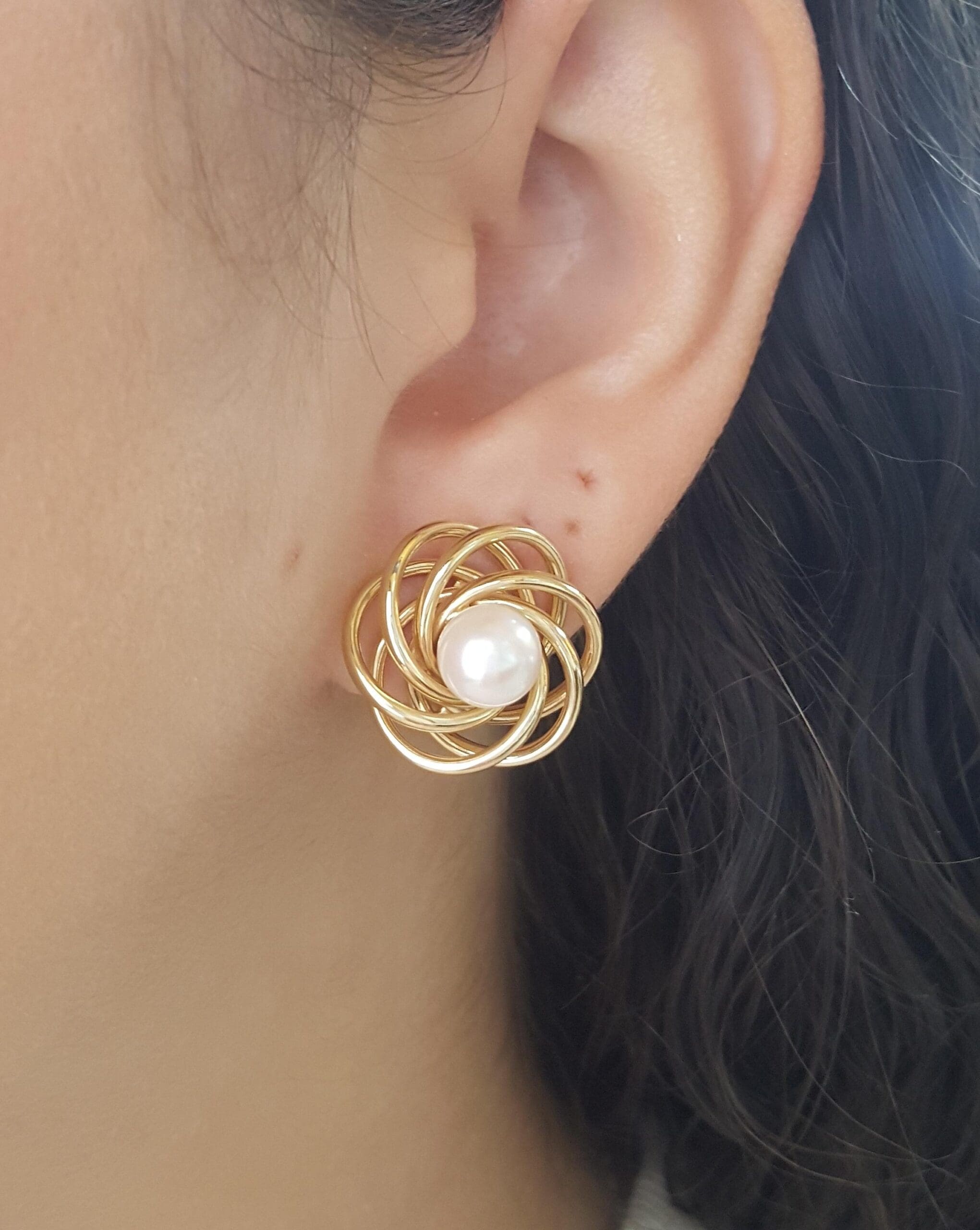 Akoya Pearl 14k Yellow Gold Spiral Omega Back Earrings 7.2 Grams 19.5 mm