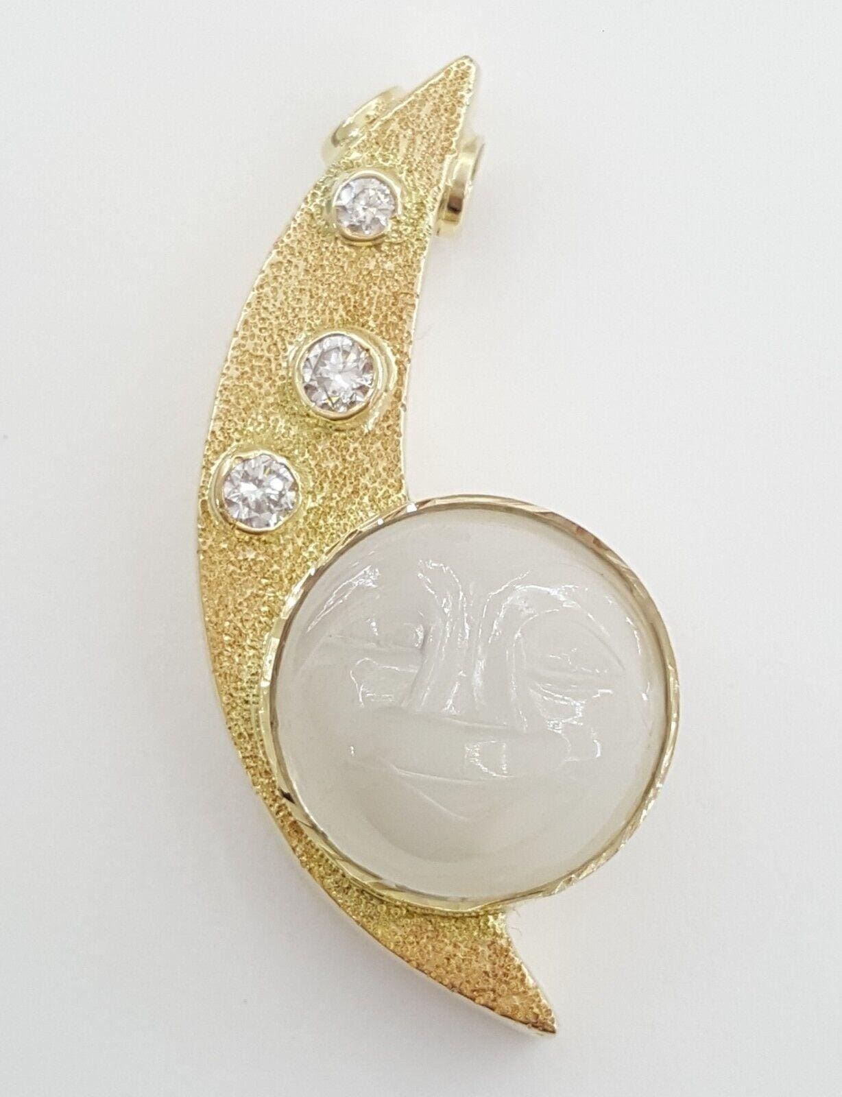 Vintage Diamond & Moonstone Man on The Moon Pendant 0.2ct 14K Yellow Gold 5.4 Gr