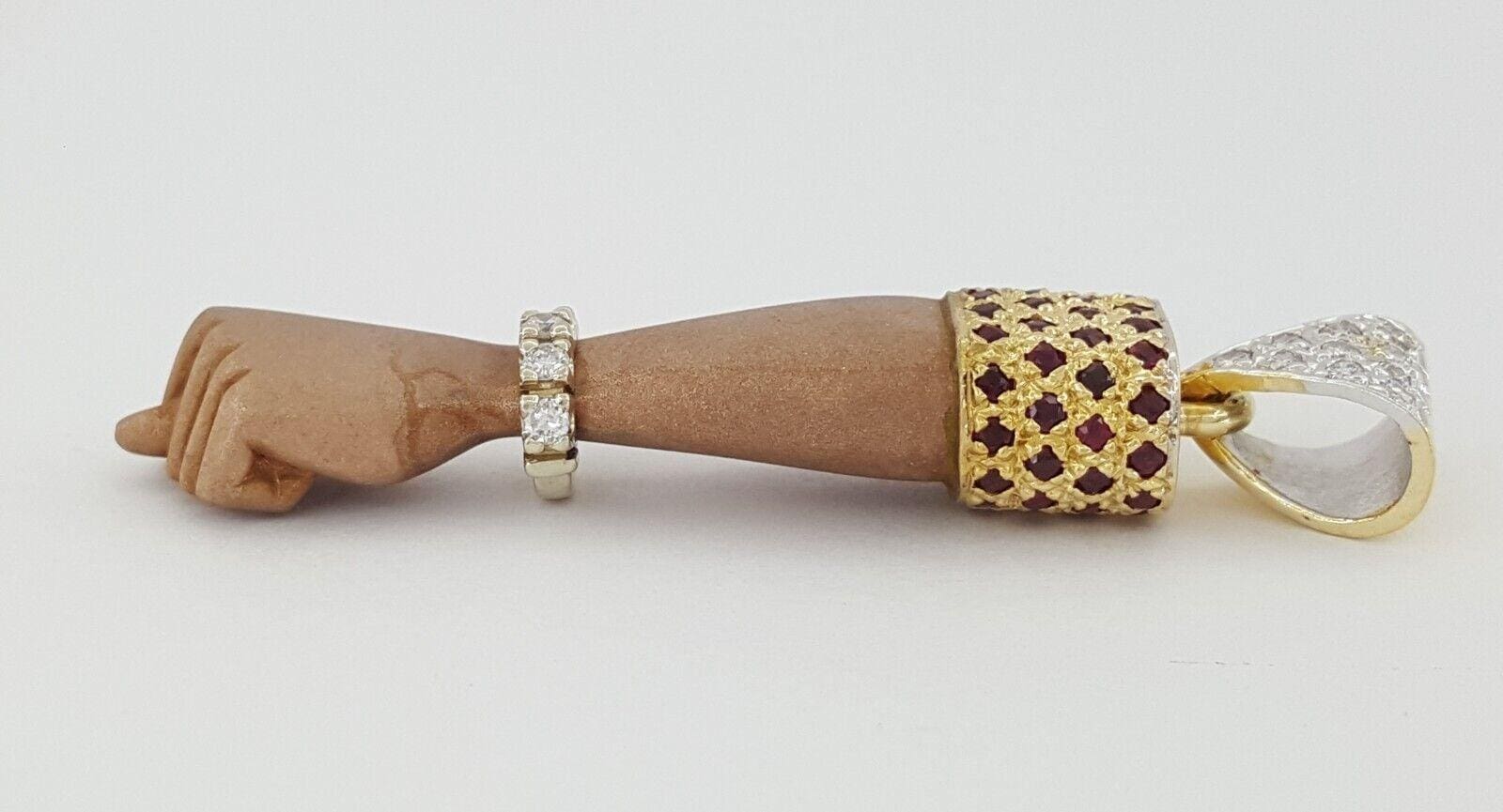 Figa Good Luck Ruby & Diamond Fist/Hand Pendant 24 Grams 14K 2-Tone Gold 1.5 ct