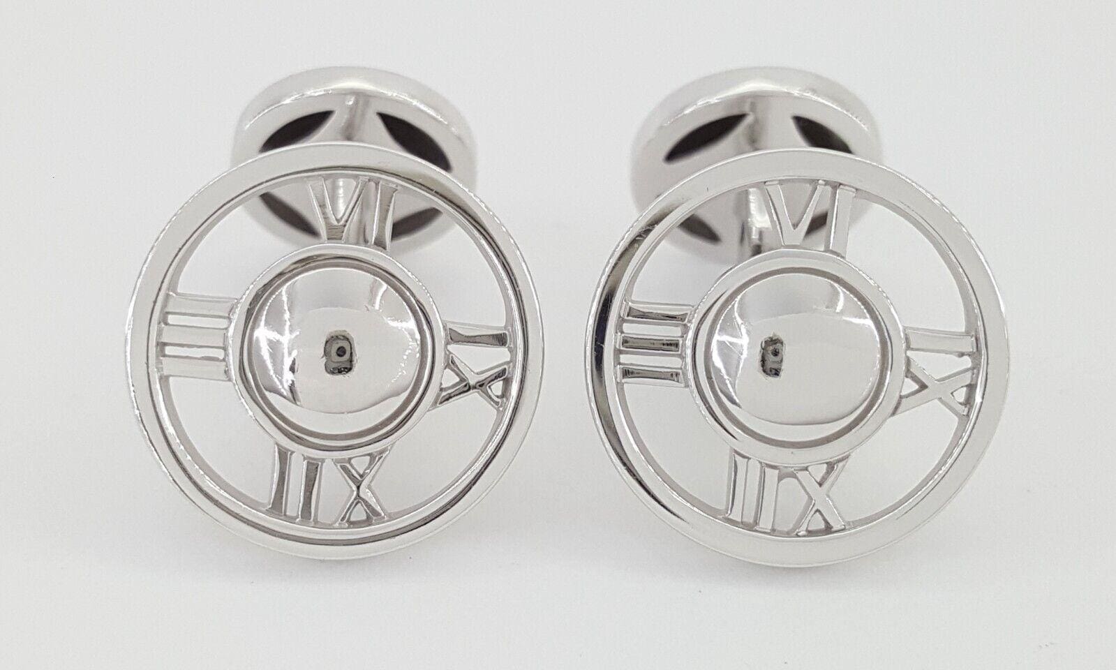 Tiffany & Co Atlas Roman Numerals Round Cufflinks 18k White Gold Italy 14 Grams