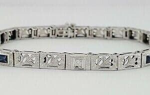 Antique Sapphire 14K White Gold & Old Euro Cut Diamond Bar Bracelet 8.6 grams 7"