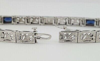 Antique Sapphire 14K White Gold & Old Euro Cut Diamond Bar Bracelet 8.6 grams 7"