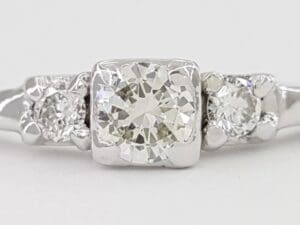 Vintage Three-Stone Round Diamond 14k White Gold & Plat 0.58 ct Engagement Ring