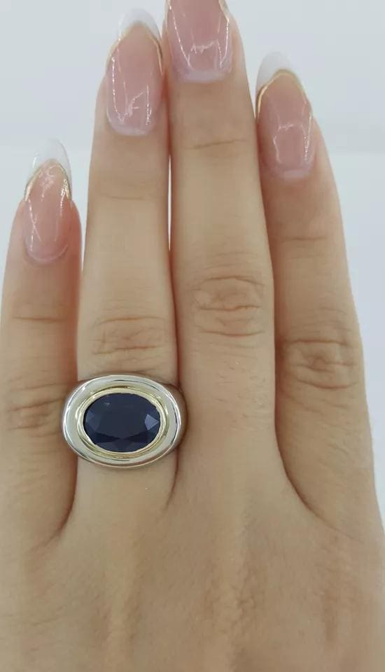 Oval Blue Sapphire Statement Ring 14k Two-Tone Gold 3.3 ct 8.8 Grams