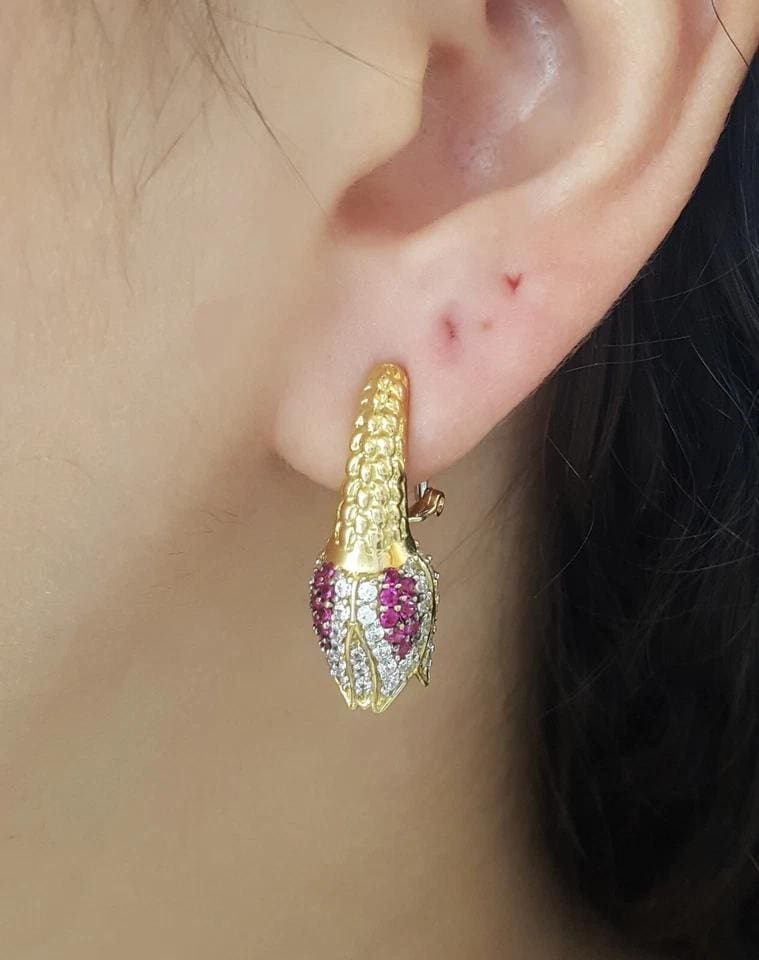 Vintage HIMO Tulip Earrings 18k Yellow Gold 10.3 grams Lab Created Stones