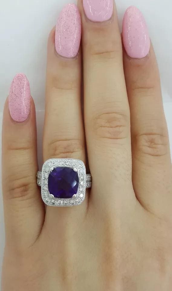 Cushion Checkerboard Amethyst Diamond Halo Ring 2.5 ct 14k White Gold