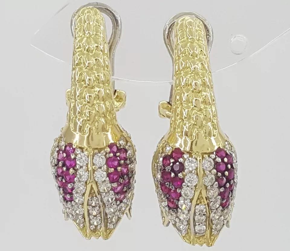 Vintage HIMO Tulip Earrings 18k Yellow Gold 10.3 grams Lab Created Stones