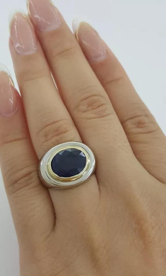 Oval Blue Sapphire Statement Ring 14k Two-Tone Gold 3.3 ct 8.8 Grams