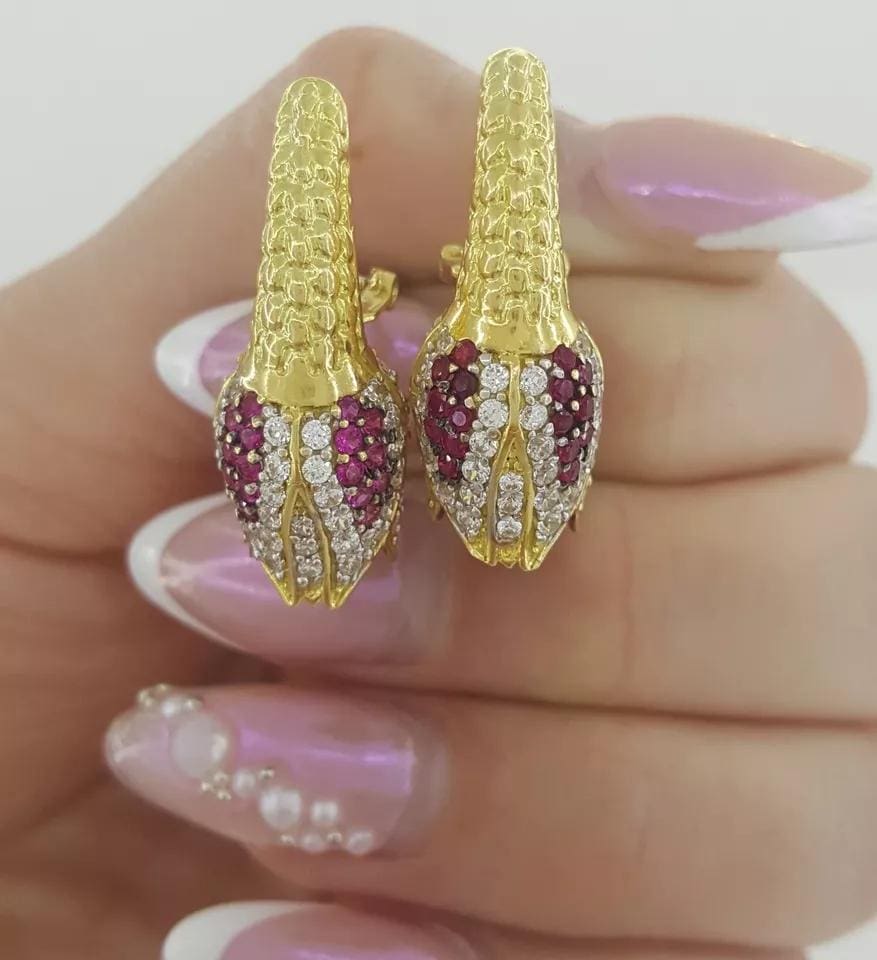 Vintage HIMO Tulip Earrings 18k Yellow Gold 10.3 grams Lab Created Stones