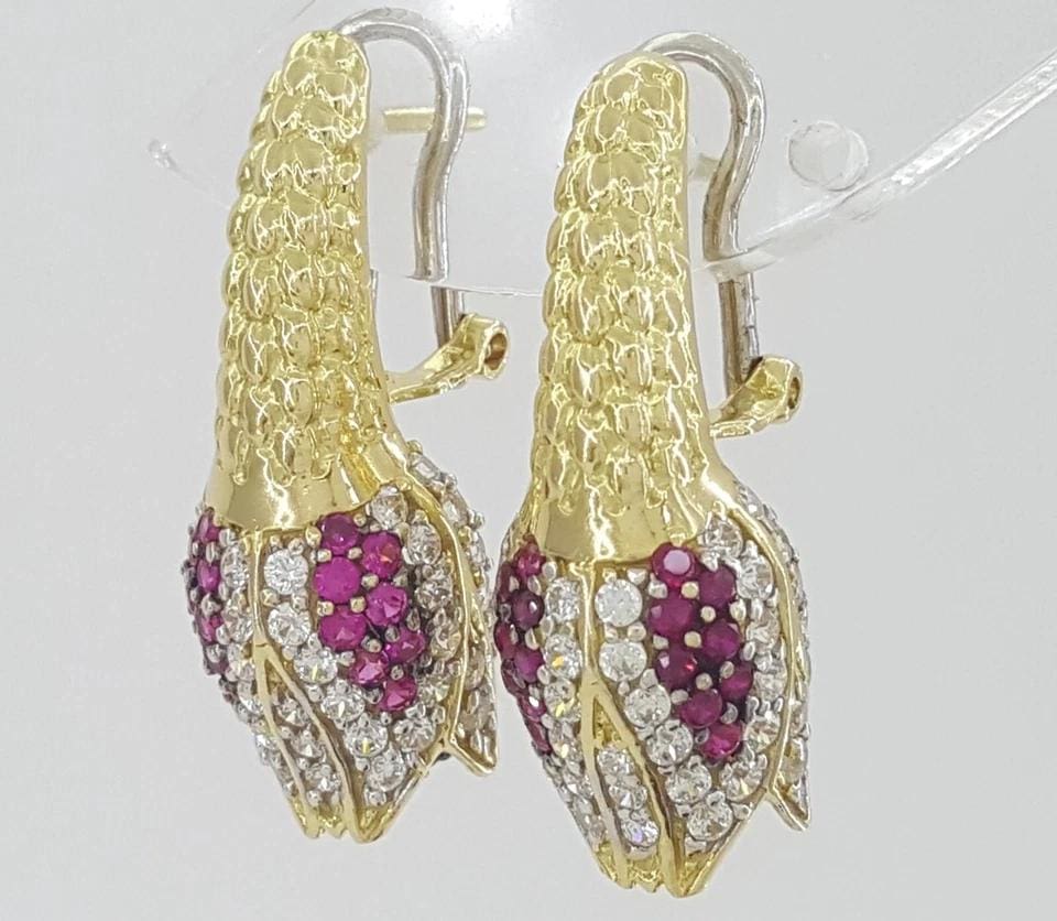 Vintage HIMO Tulip Earrings 18k Yellow Gold 10.3 grams Lab Created Stones