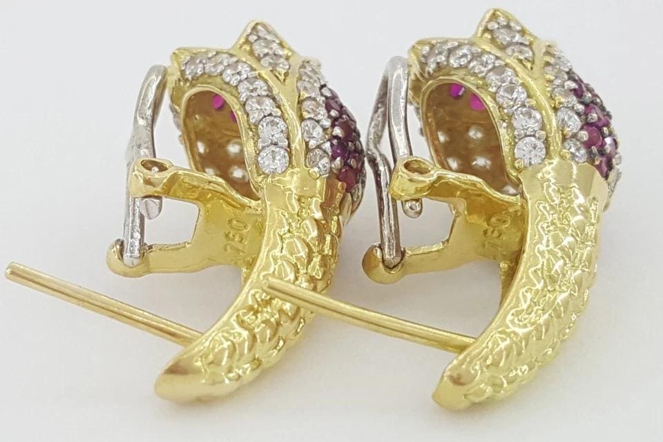 Vintage HIMO Tulip Earrings 18k Yellow Gold 10.3 grams Lab Created Stones