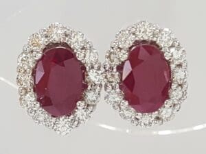 Burma Oval Ruby Diamond Halo Stud Earrings 1.78 ct 14k White Gold Retail $4K