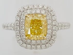 Elongated Cushion Cut Yellow Diamond Double Halo Engagement Ring 1.6 ct Rtl $15k