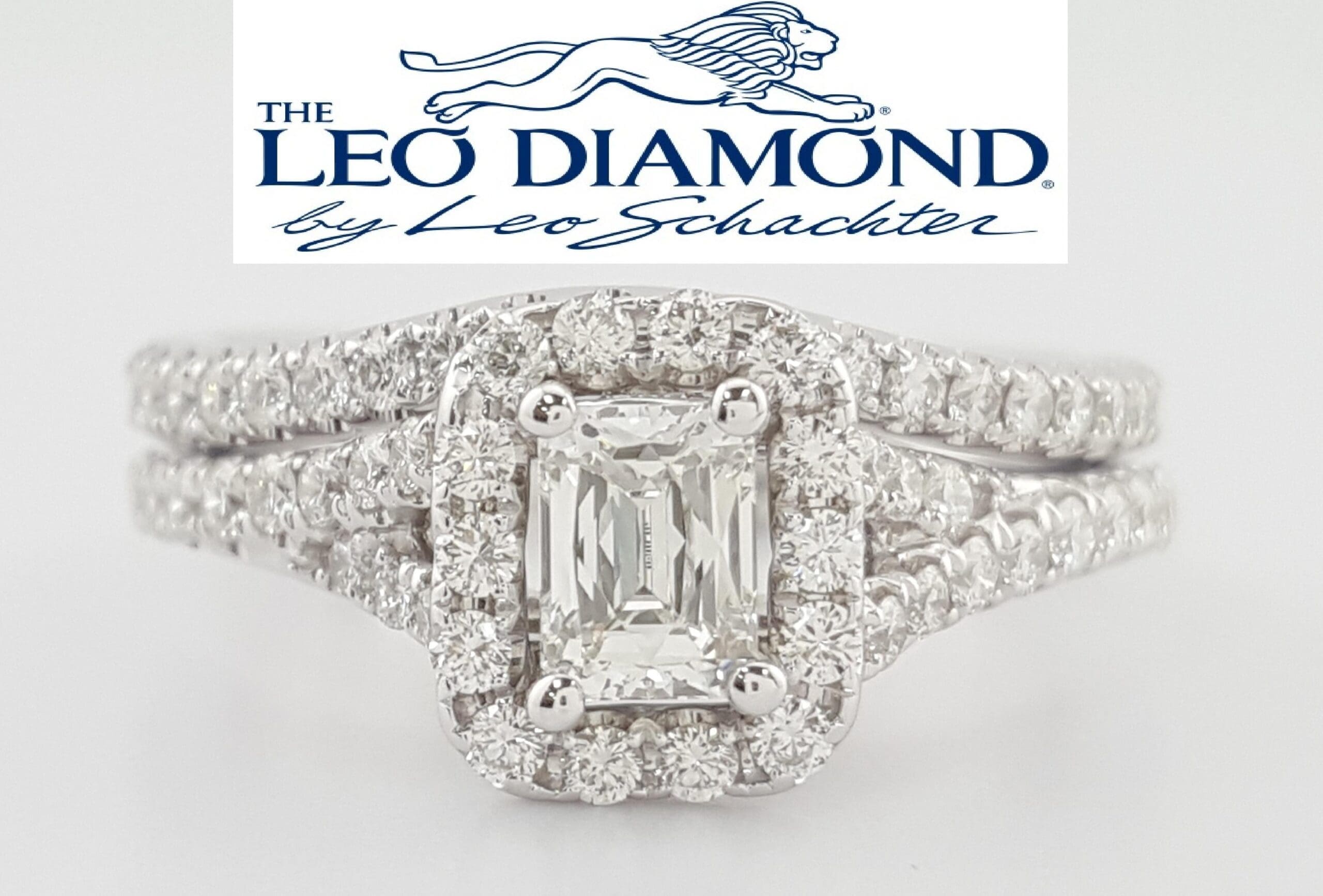 The Leo Emerald Diamond Halo Engagement Ring & Band Set 1.23 ct 14K White Gold