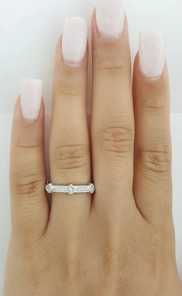 Round & Princess Diamond Wedding Band Ring 0.6 ct 18K White Gold