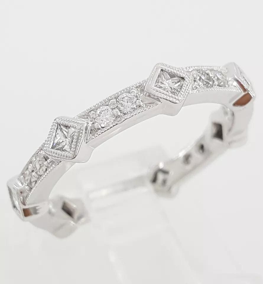 Round & Princess Diamond Wedding Band Ring 0.6 ct 18K White Gold