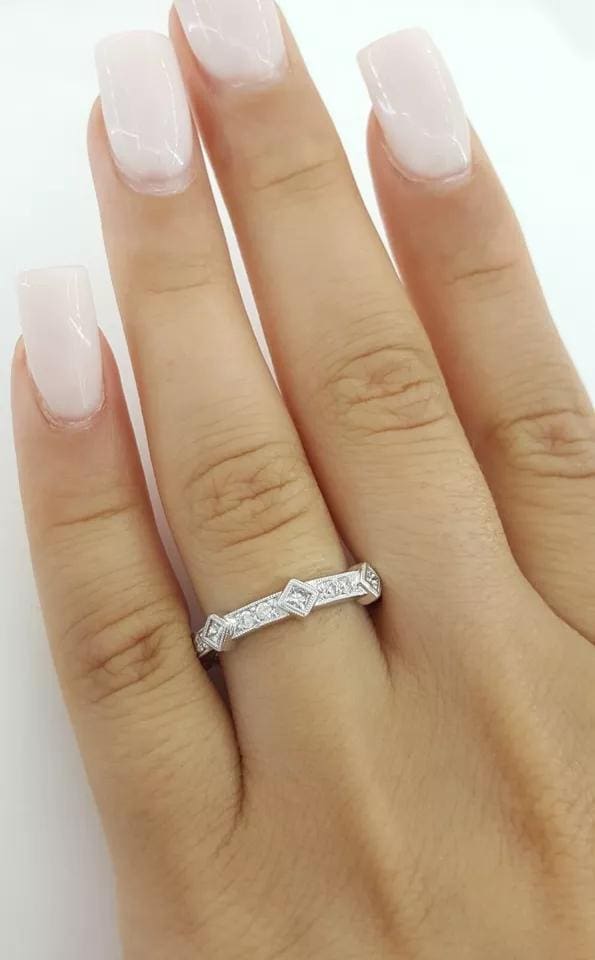 Round & Princess Diamond Wedding Band Ring 0.6 ct 18K White Gold