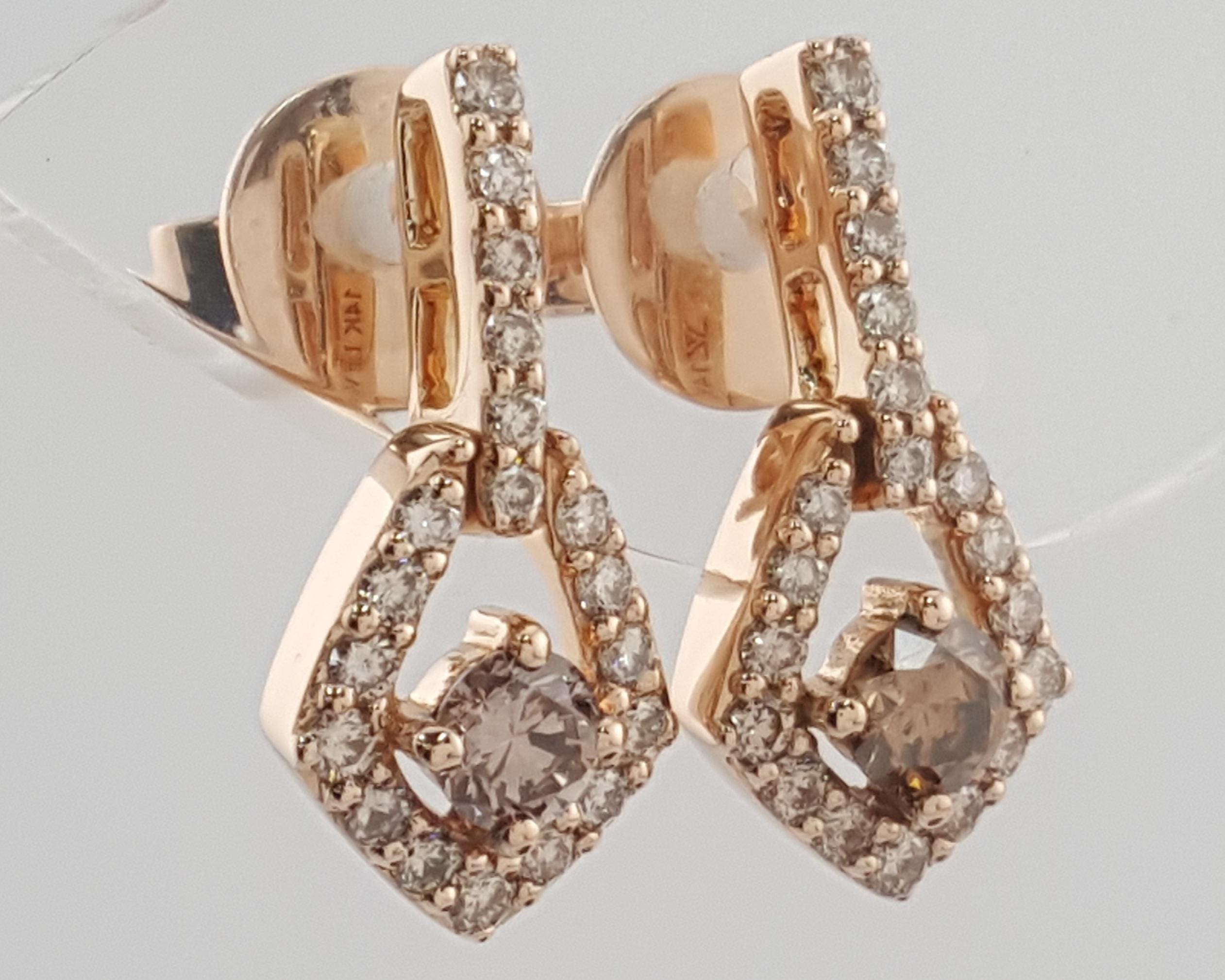 LeVian Chocolate Nude Diamond Drop Dangle Earrings 14k Strawberry Gold 0.63 ct