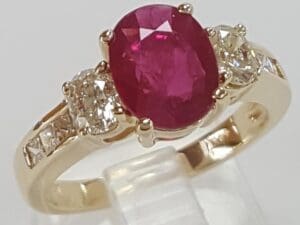 Oval Burma Ruby Diamond Three Stone Engagement Ring 2.72 ct 14k Yellow Gold $17K