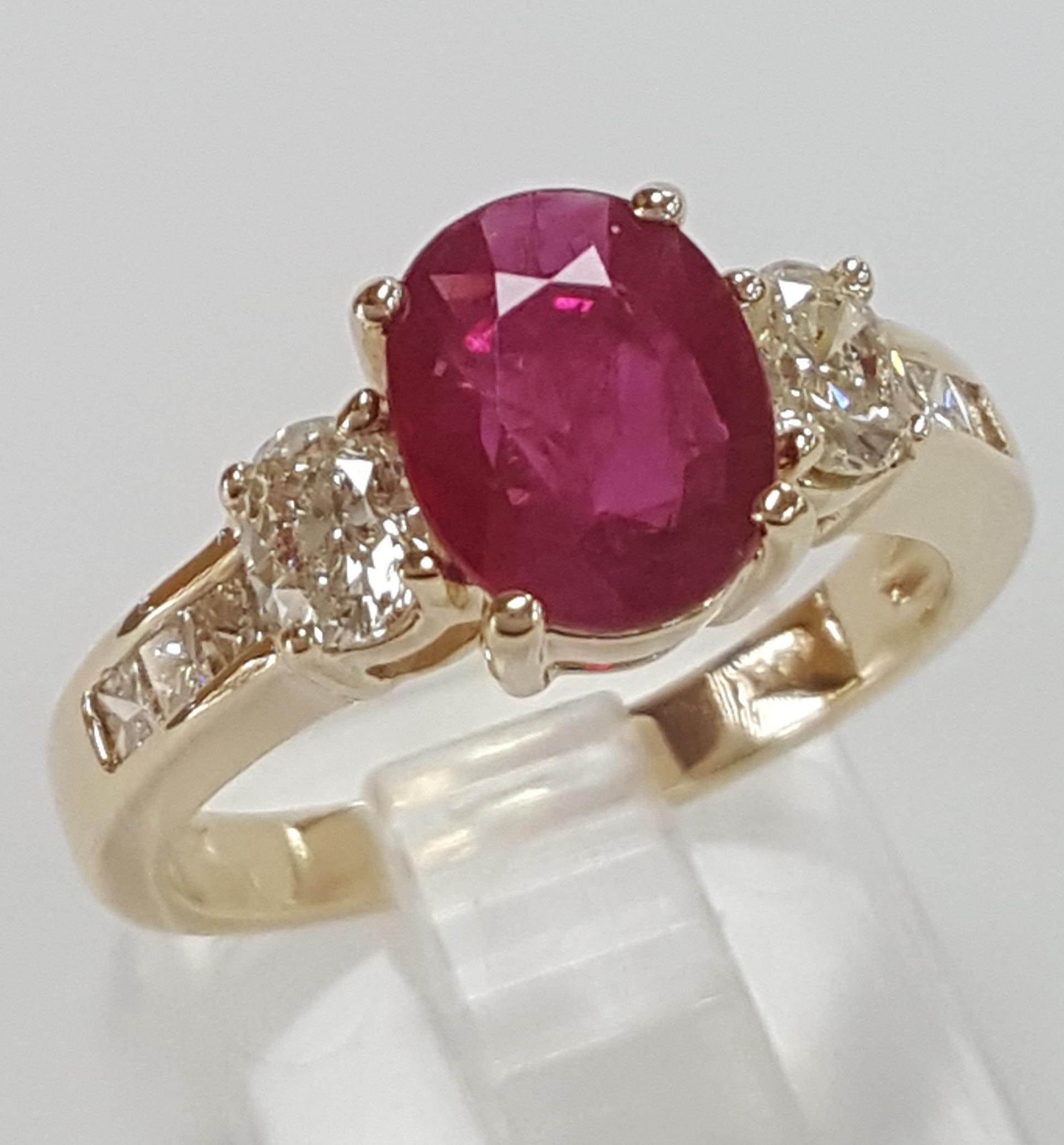 Oval Burma Ruby Diamond Three Stone Engagement Ring 2.72 ct 14k Yellow Gold $17K