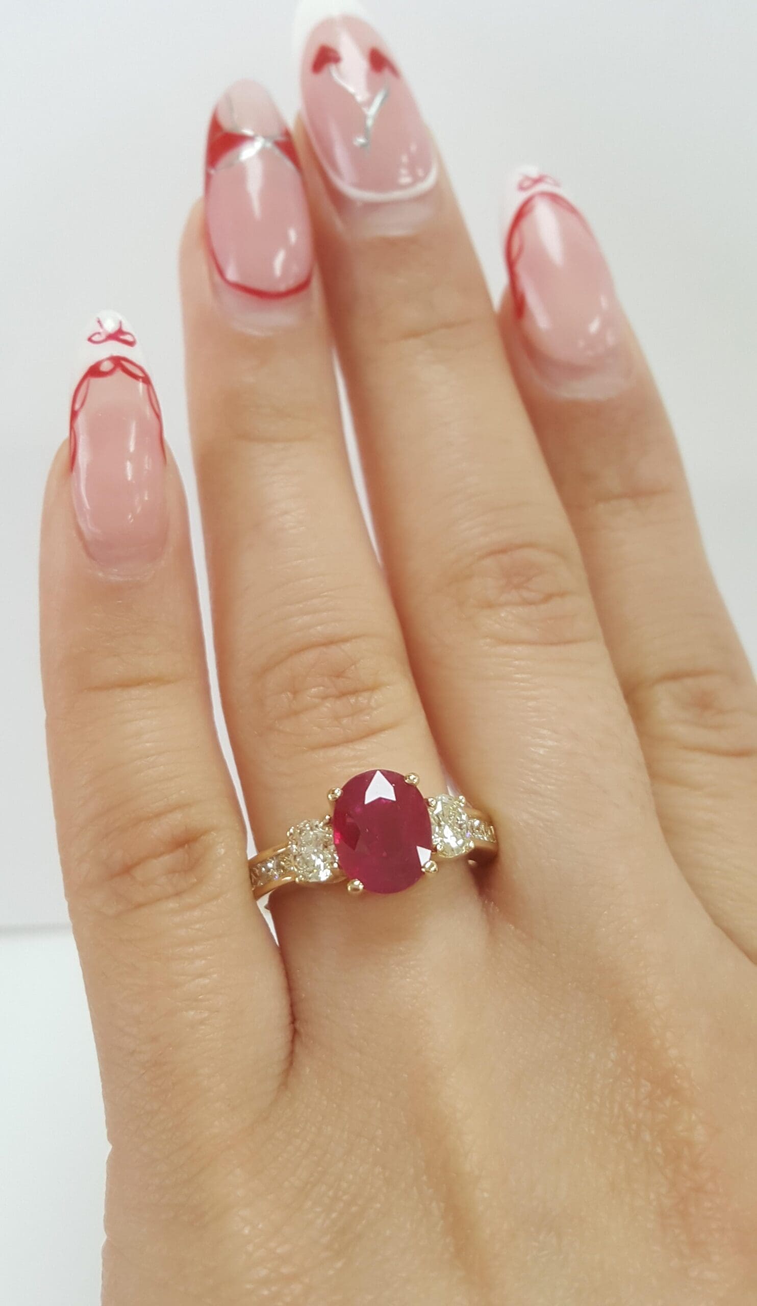 Oval Burma Ruby Diamond Three Stone Engagement Ring 2.72 ct 14k Yellow Gold $17K