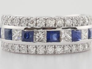 Diamond & Sapphire 3-Row Band Ring 3.04 ct 14K White Gold 8 mm Retail $5,495
