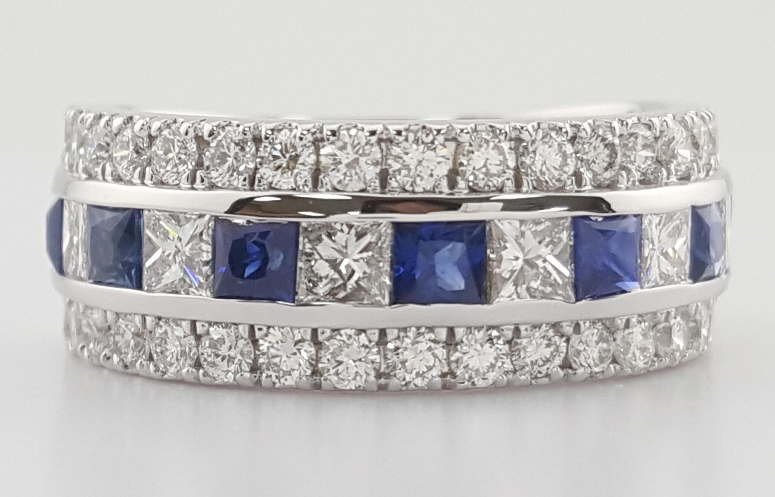 Diamond & Sapphire 3-Row Band Ring 3.04 ct 14K White Gold 8 mm Retail $5,495