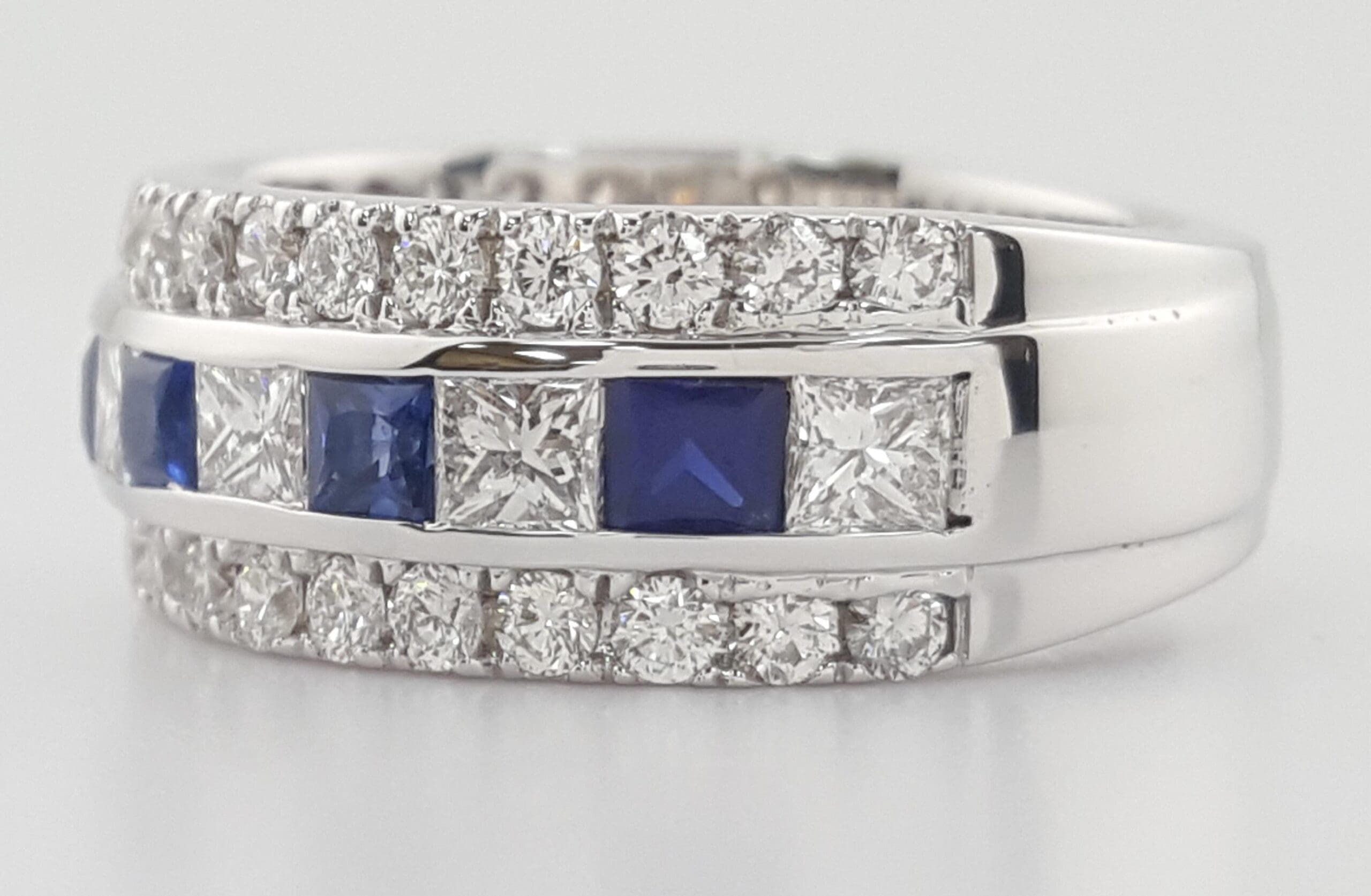 Diamond & Sapphire 3-Row Band Ring 3.04 ct 14K White Gold 8 mm Retail $5,495