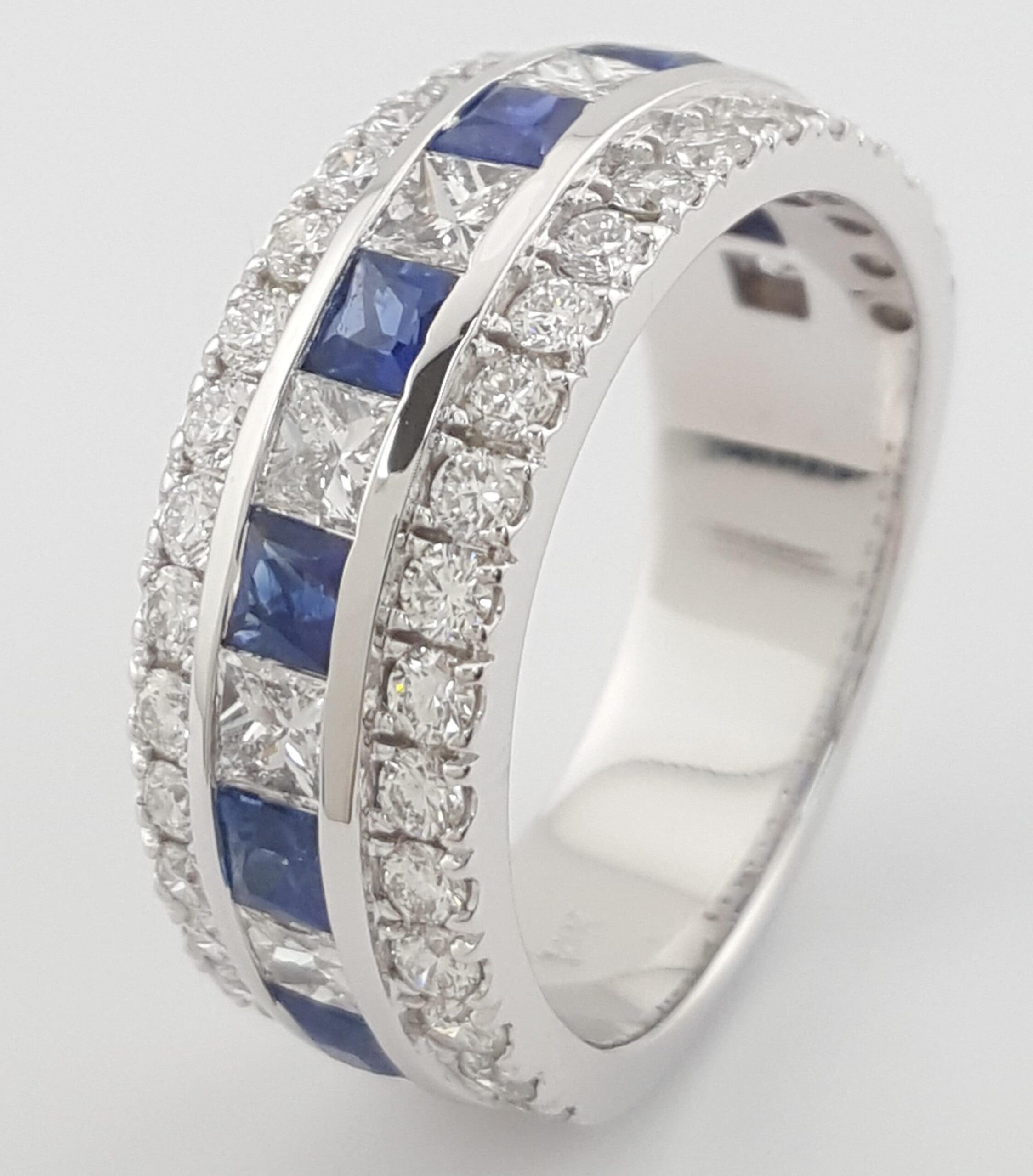 Diamond & Sapphire 3-Row Band Ring 3.04 ct 14K White Gold 8 mm Retail $5,495