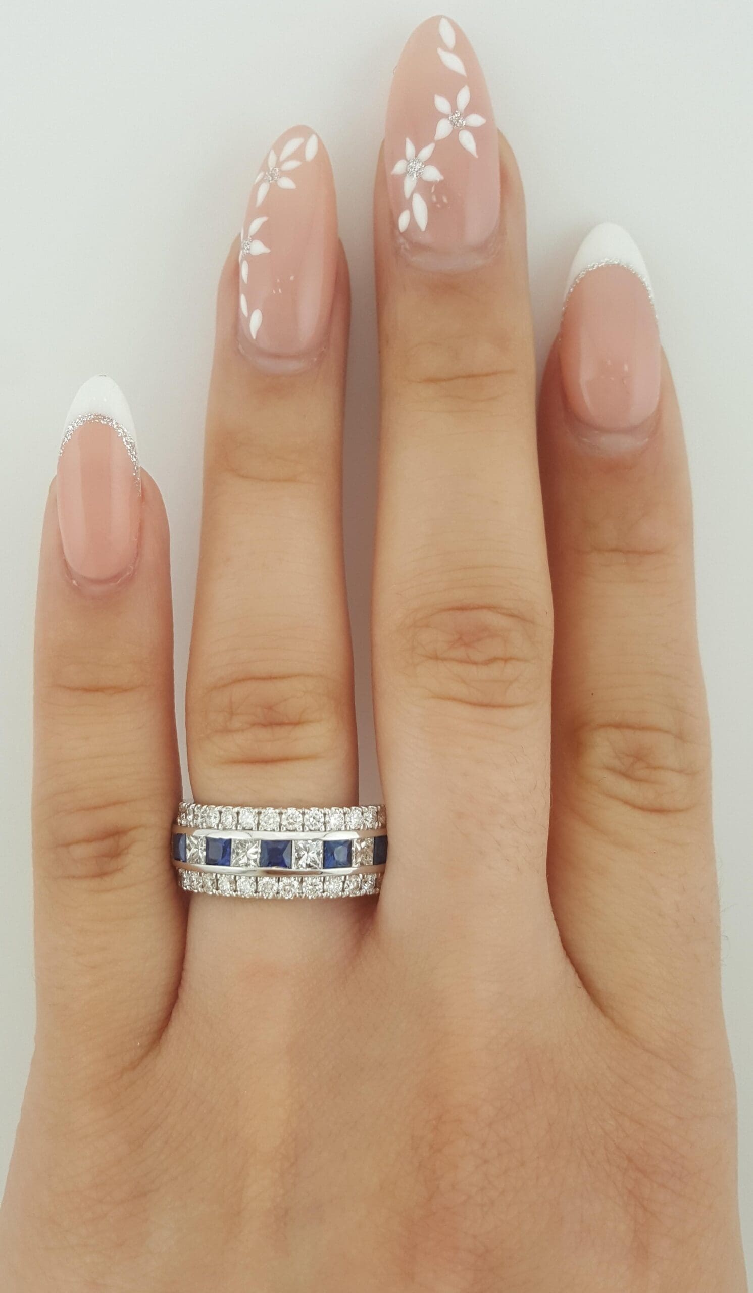 Diamond & Sapphire 3-Row Band Ring 3.04 ct 14K White Gold 8 mm Retail $5,495