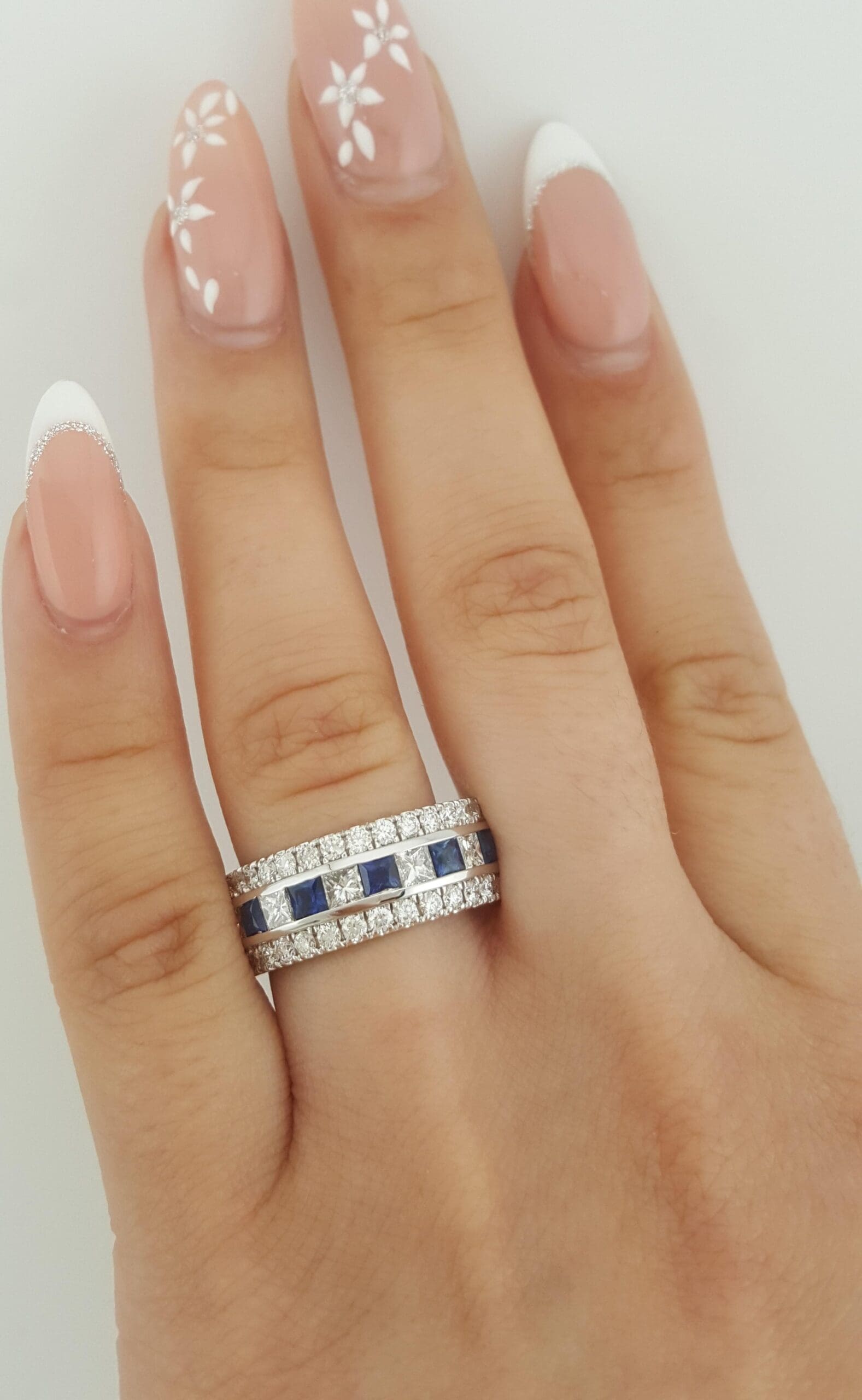Diamond & Sapphire 3-Row Band Ring 3.04 ct 14K White Gold 8 mm Retail $5,495