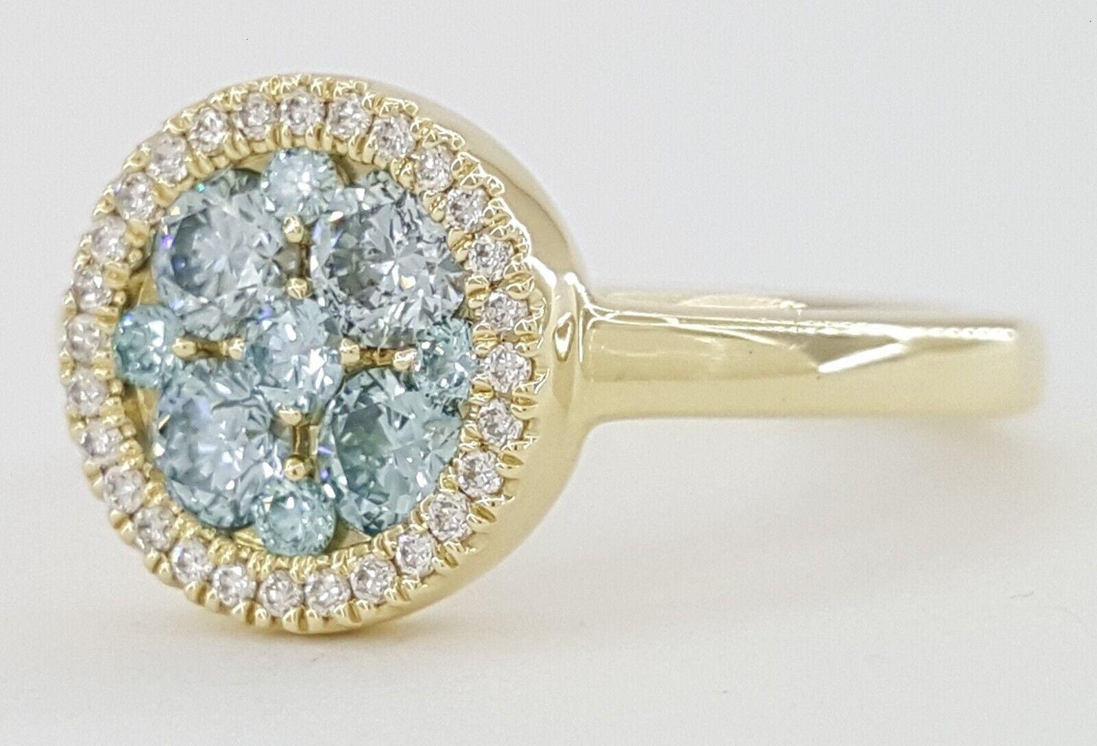 Round Irradiated Blue Diamond Cluster Halo Ring 0.72 ct 14K Yellow Gold