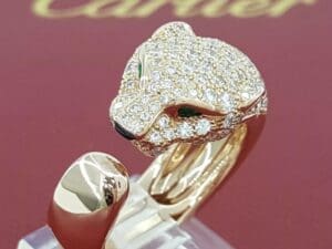 Cartier Panthere Diamond Emerald 18K Rose Gold Ring 1.15 ct 11mm Sz54 Rtl $24.3K