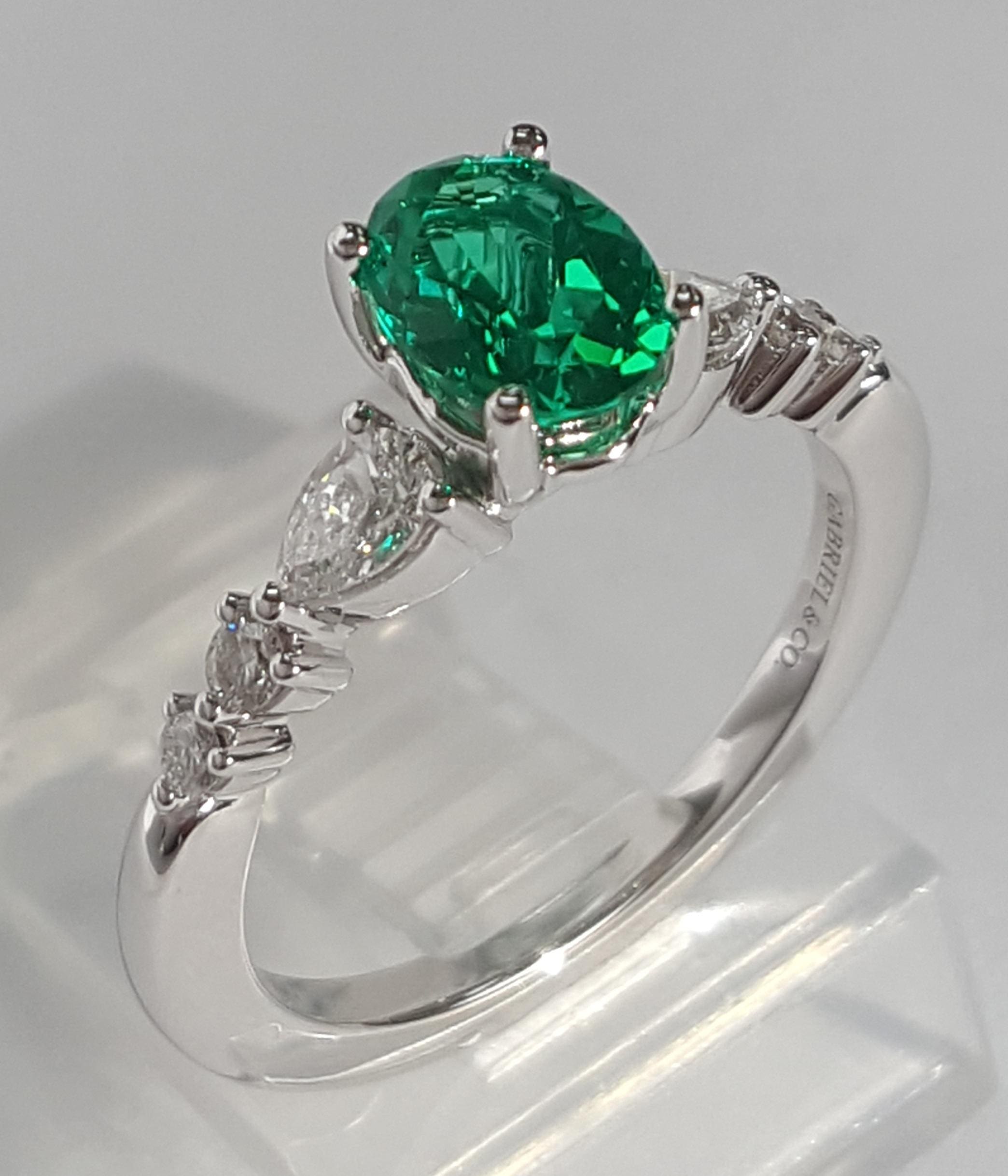 Gabriel & Co. Oval Green Emerald & Diamond 14k White Gold Ring 1.1 ct Retail $5K
