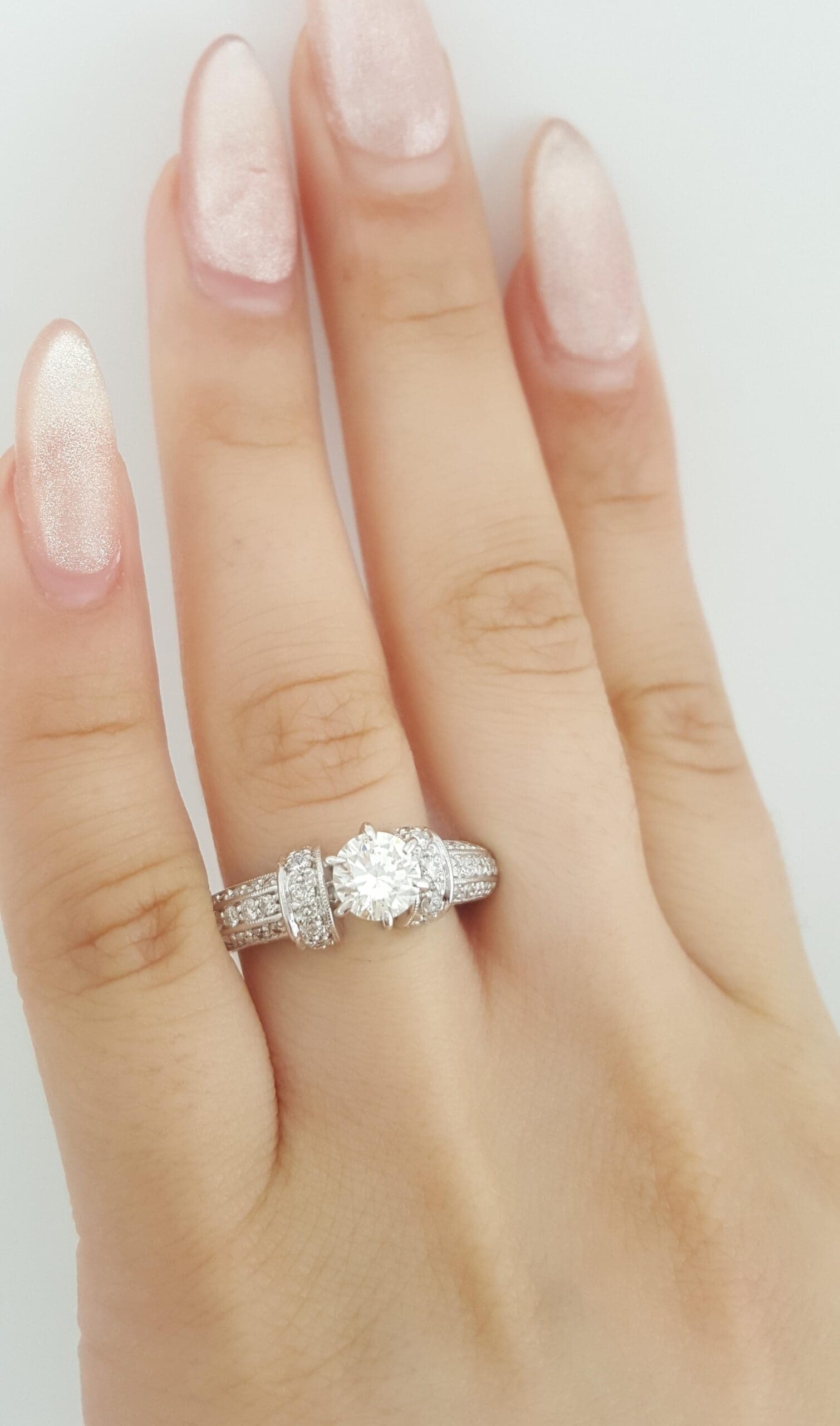 Vintage Round Diamond Engagement Ring 1.3 ct 18k White Gold Retail $5,995