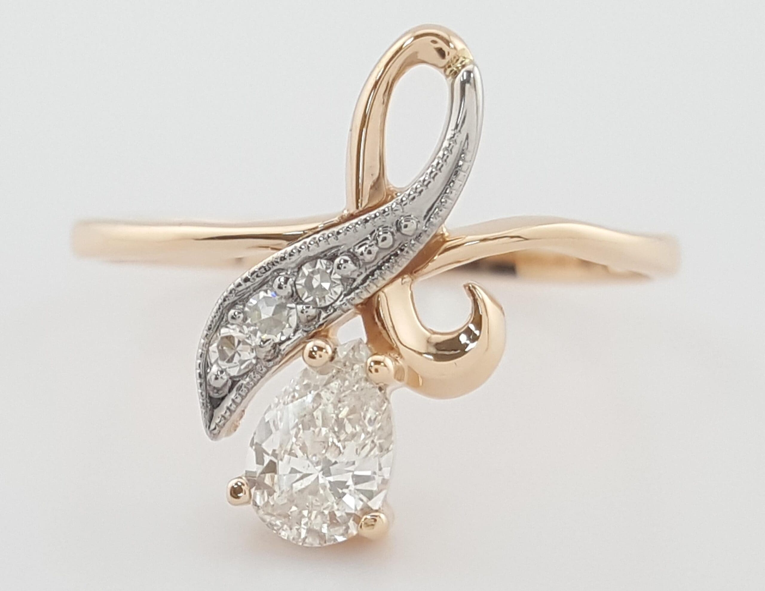 Vintage Pear Diamond 14k Rose & W Gold Ring 0.42 ct Eastern European Made