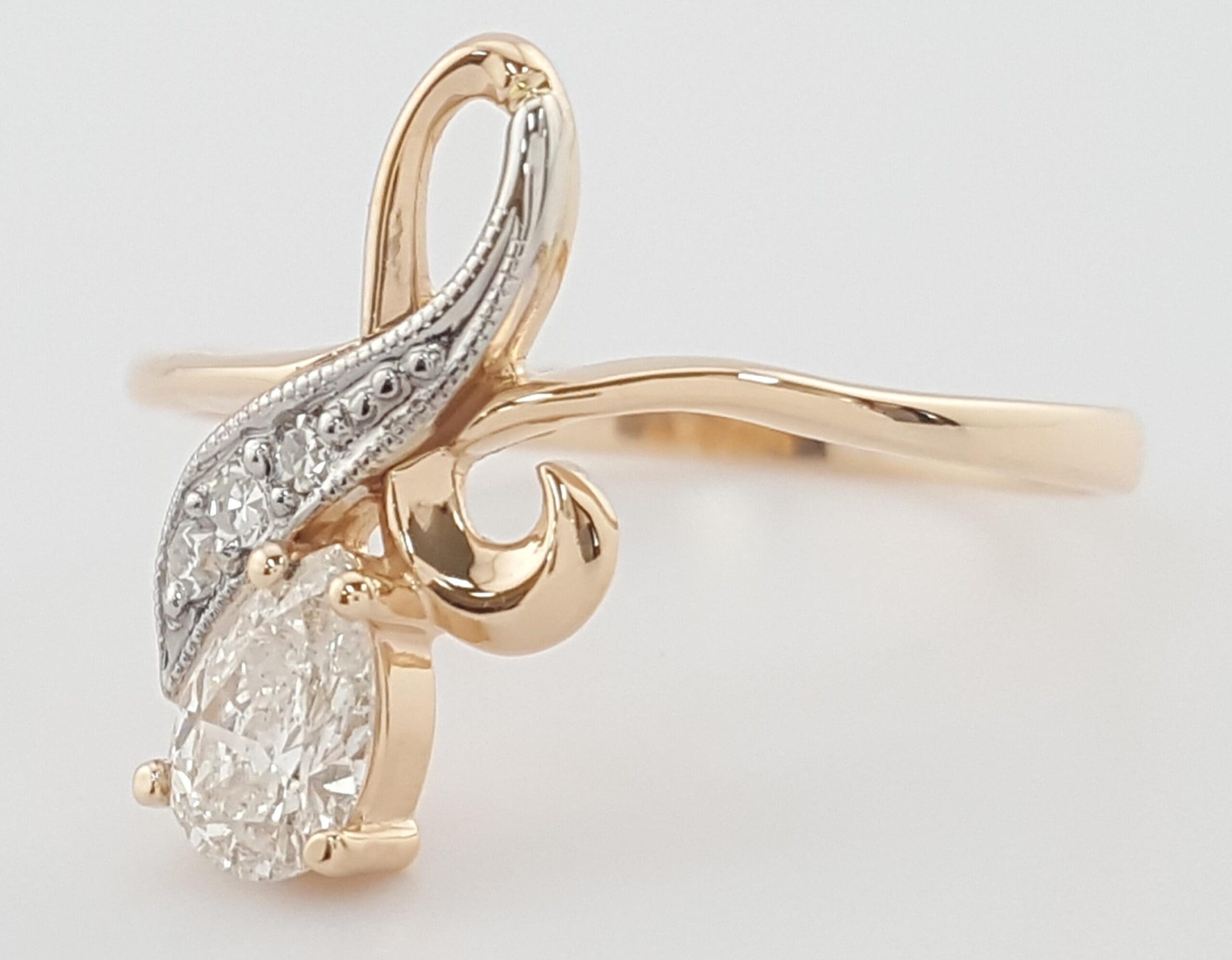 Vintage Pear Diamond 14k Rose & W Gold Ring 0.42 ct Eastern European Made