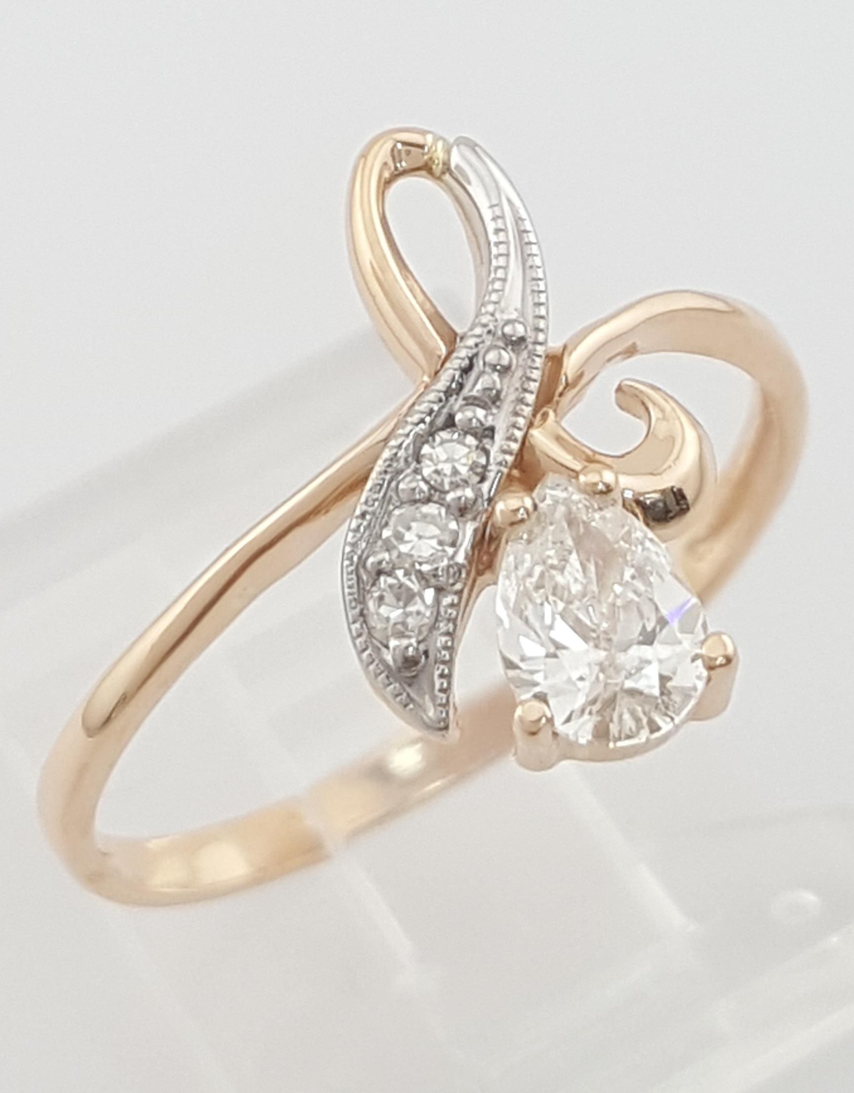 Vintage Pear Diamond 14k Rose & W Gold Ring 0.42 ct Eastern European Made