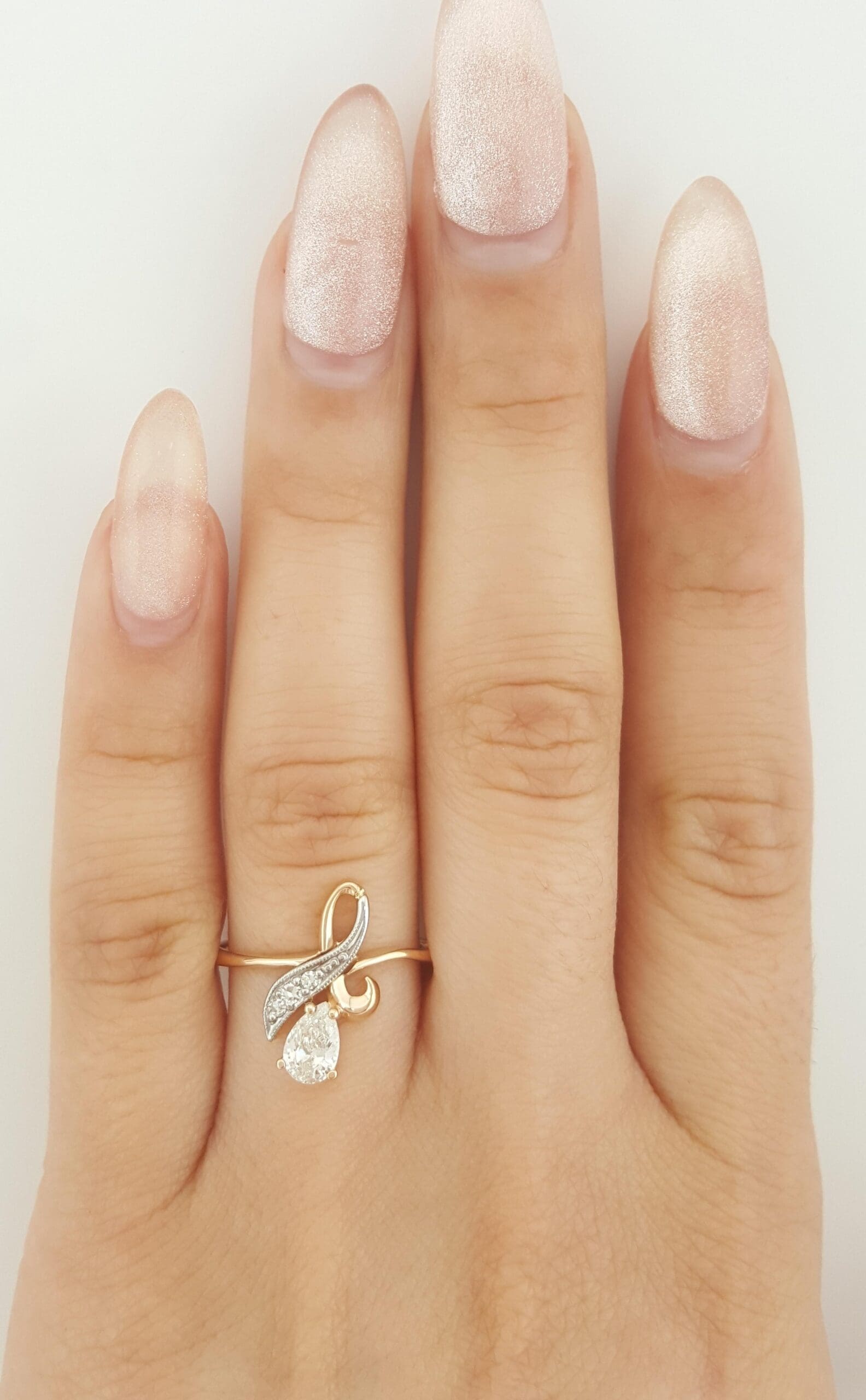 Vintage Pear Diamond 14k Rose & W Gold Ring 0.42 ct Eastern European Made