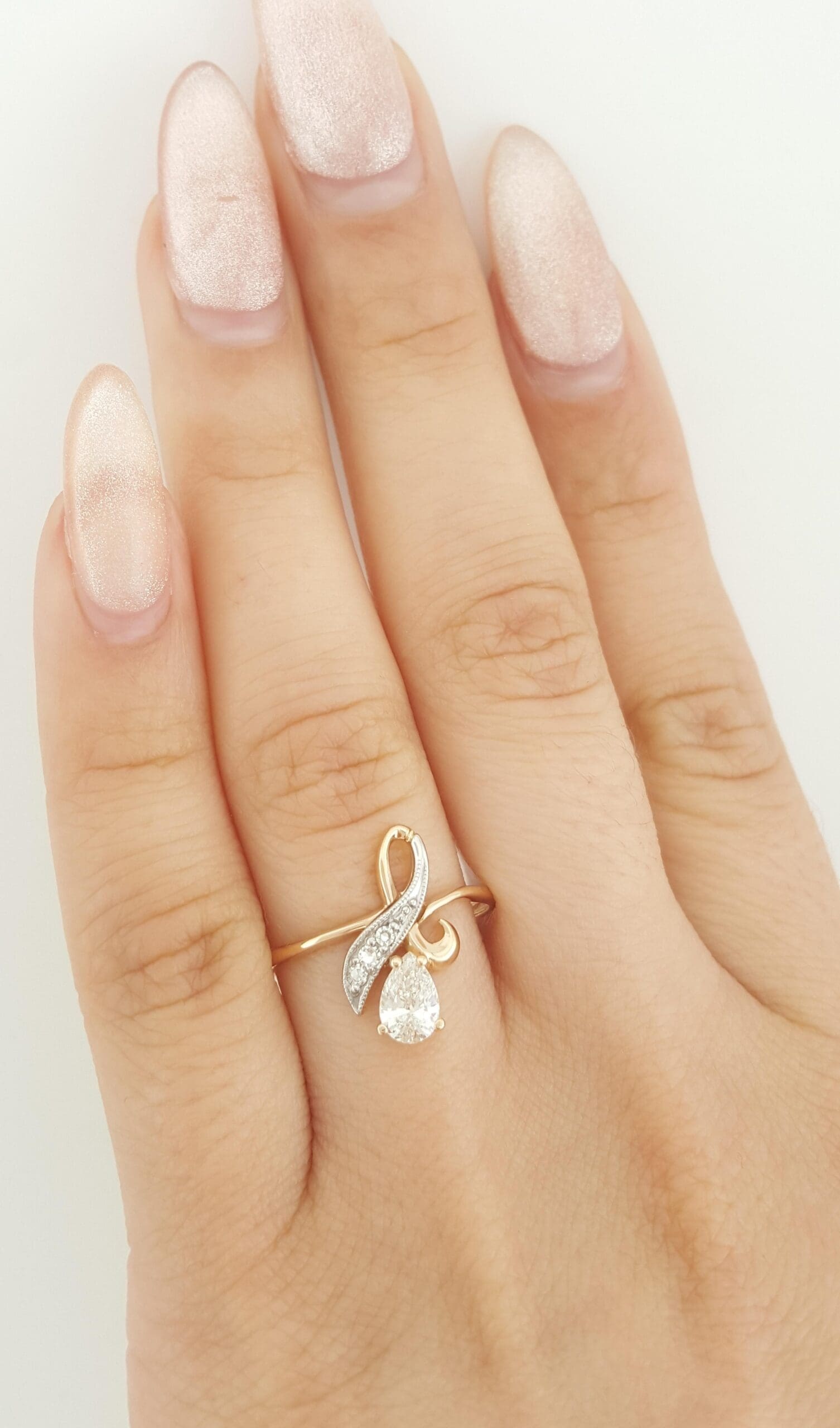 Vintage Pear Diamond 14k Rose & W Gold Ring 0.42 ct Eastern European Made