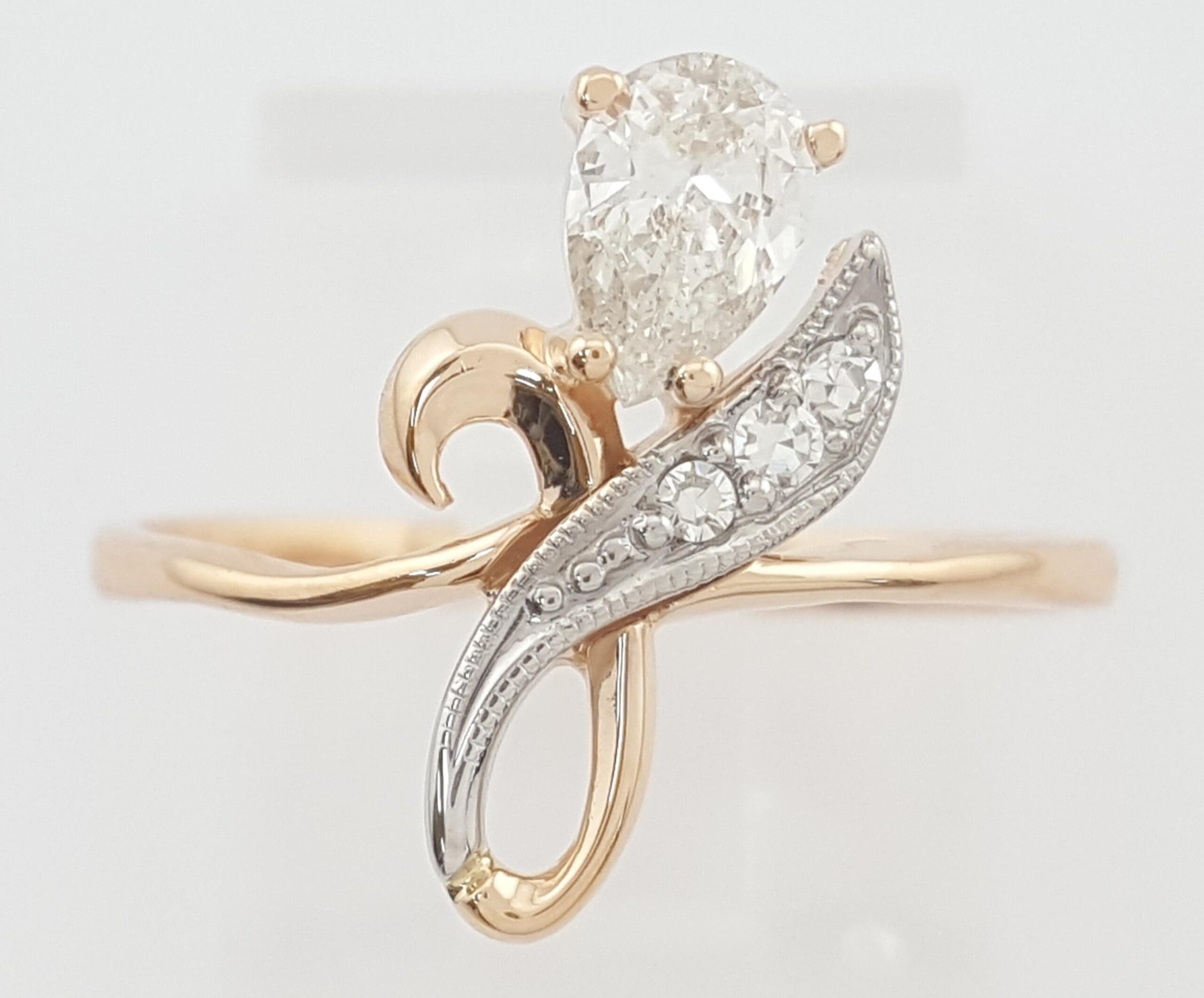 Vintage Pear Diamond 14k Rose & W Gold Ring 0.42 ct Eastern European Made