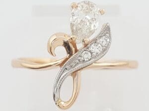 Vintage Pear Diamond 14k Rose & W Gold Ring 0.42 ct Eastern European Made
