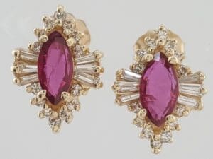 Marquise Ruby Diamond Halo Stud Earrings 1.46 ct 14k Yellow Gold