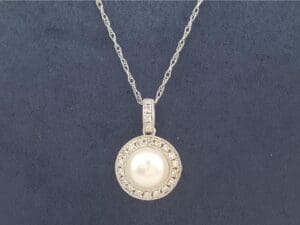 Akoya Pearl & Diamond Halo Pendant Necklace 0.12 ct 14K Gold 20"