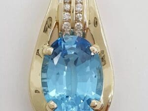 Oval Blue Topaz & Diamond Slider Pendant 0.25 ct 14k Yellow Gold 1.2”