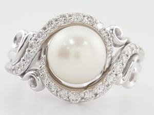 Akoya Pearl Diamond Halo Ring 7.5 mm 0.33 ct 14K White Gold Retail $1,995